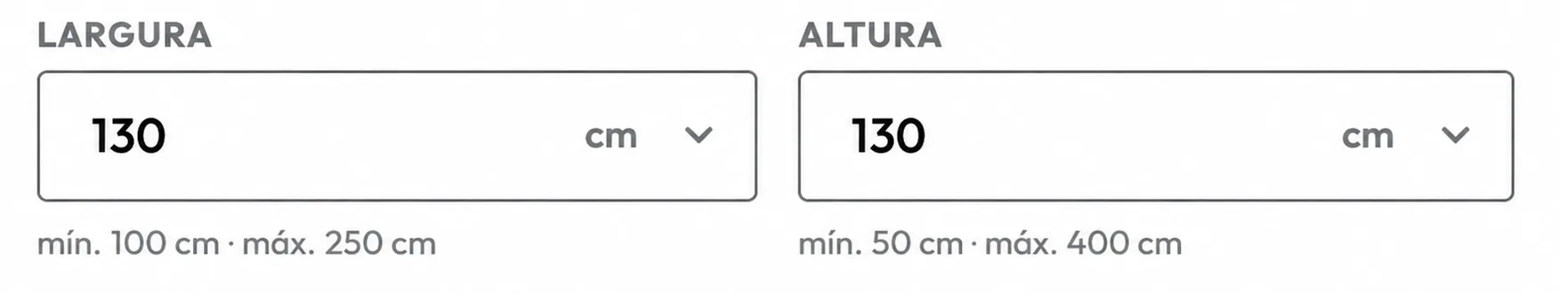 Campos de largura e altura com medidas de 130 cm